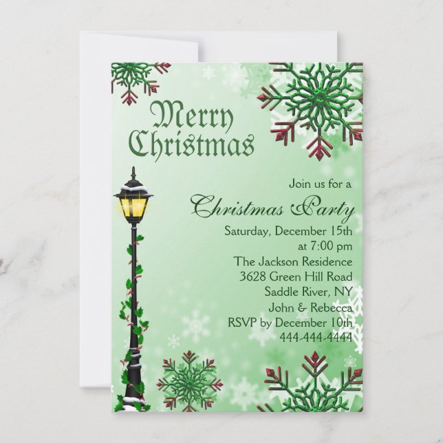 Green Snowflake & Light Christmas Party Invitation (Devant)