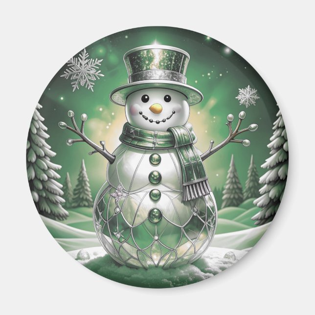 Green Snowman Snowflakes Holiday Magnet (Devant)