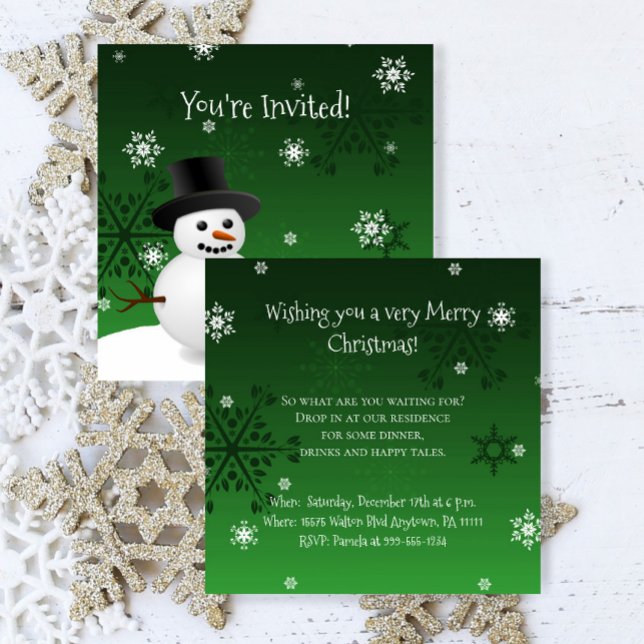 Green Snowman Winter Scène Noël Invitation (Green Snowman Winter Scene Christmas Party Invitation)