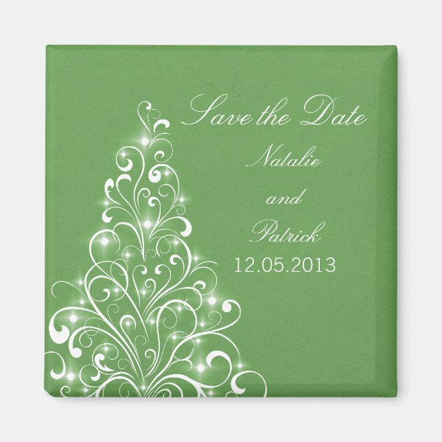 Green Sparkly Holiday Tree Save the Date Magnet (Devant)