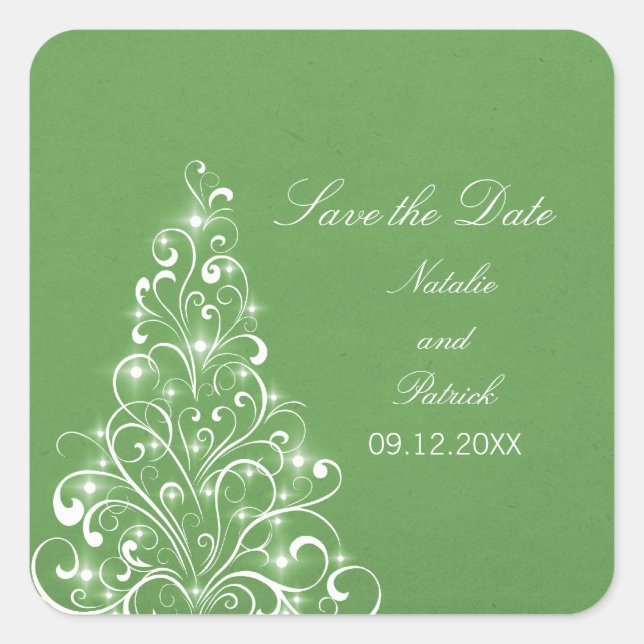 Green Sparkly Holiday Tree Save the Date Stickers (Devant)