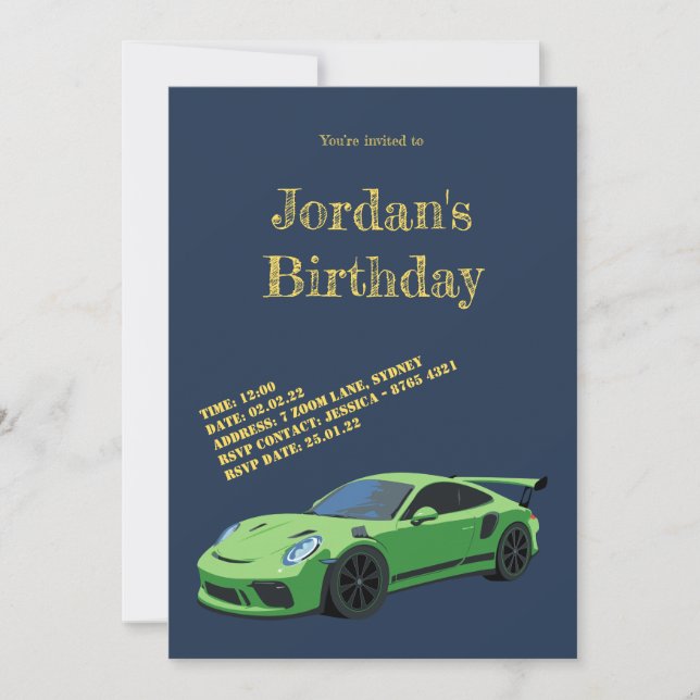 Green Sports Voiture Invitation Anniversaire (Devant)