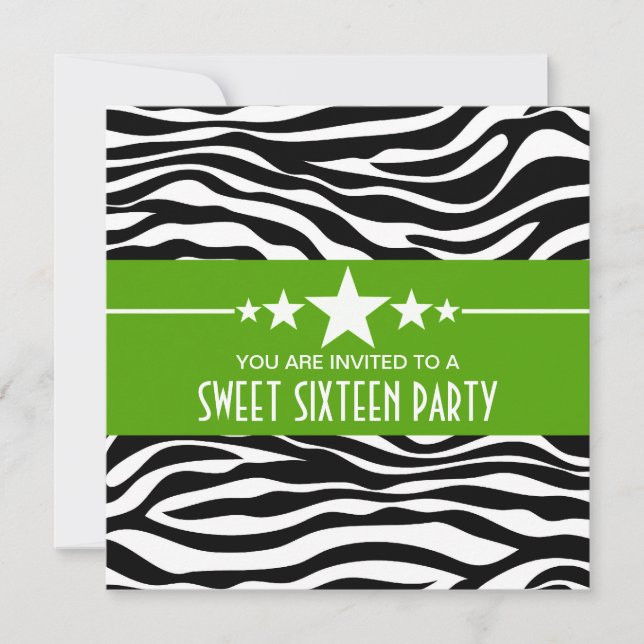 Green Stars Zebra Print Sweet 16 Invitation (Devant)