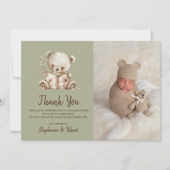 Green Storybook Bear Baby shower photo Merci (Devant)