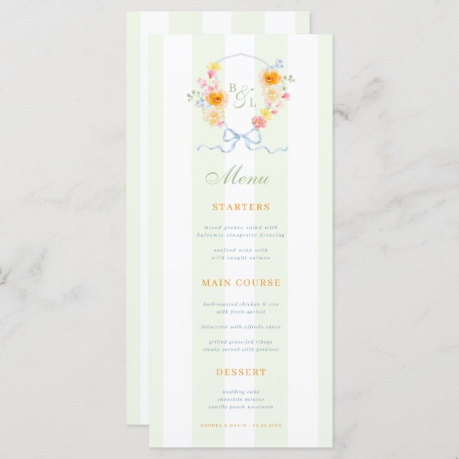 Green Stripes & Floral Crest Spring Wedding Menu (Devant / Derrière)