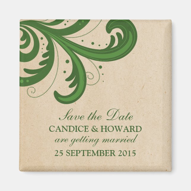 Green Stylish Swirls Save the Date Magnet (Devant)