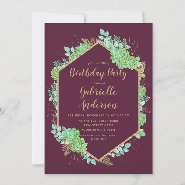 Green Succulents Gold Anniversaire Fête Invitation (Devant)