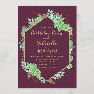 Green Succulents Gold Anniversaire Fête Invitation