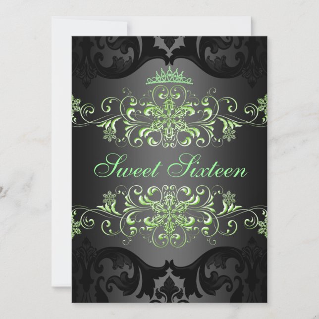 Green Sweet16 Elégant Tiara Damask Invitation d'an (Devant)