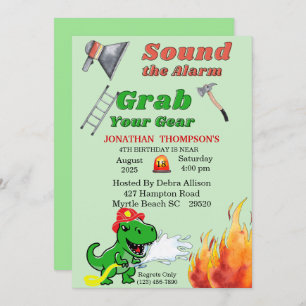 Green T Rex Firemans Invitation de fête d'annivers