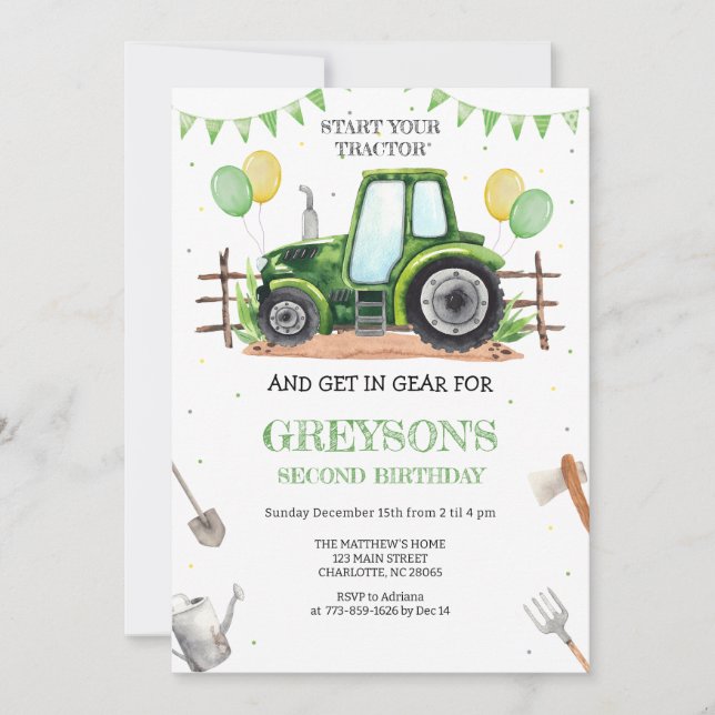 Green Tractor Boy Birthday Invitation (Devant)