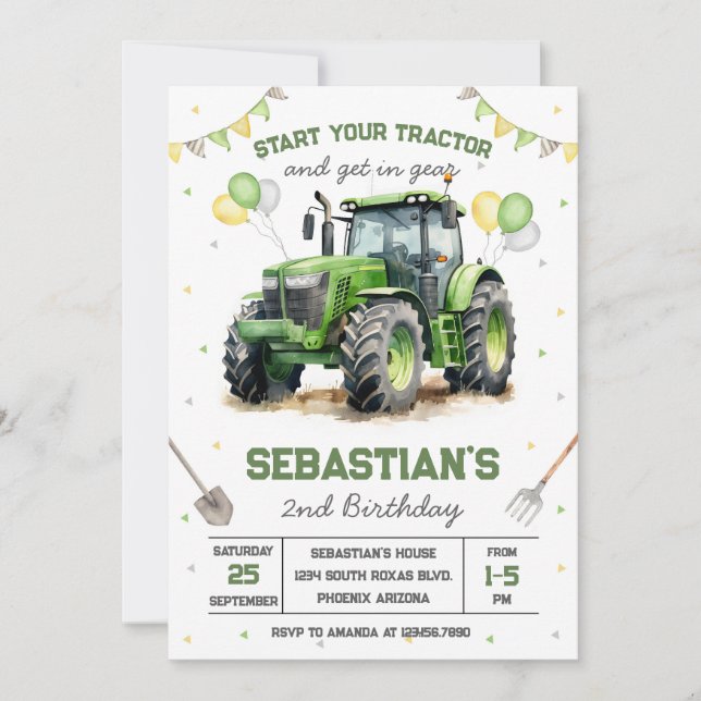Green Tractor Boy Birthday Invitation (Devant)