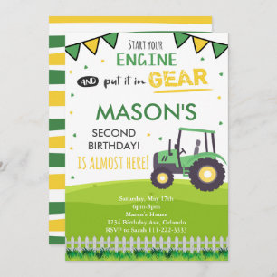 Green Tractor Invitation de fête d'anniversaire