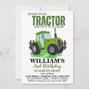 Green Tractor Invitation de fête d'anniversaire