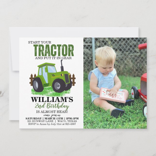 Green Tractor Photo Anniversaire Fête Invitation (Devant)
