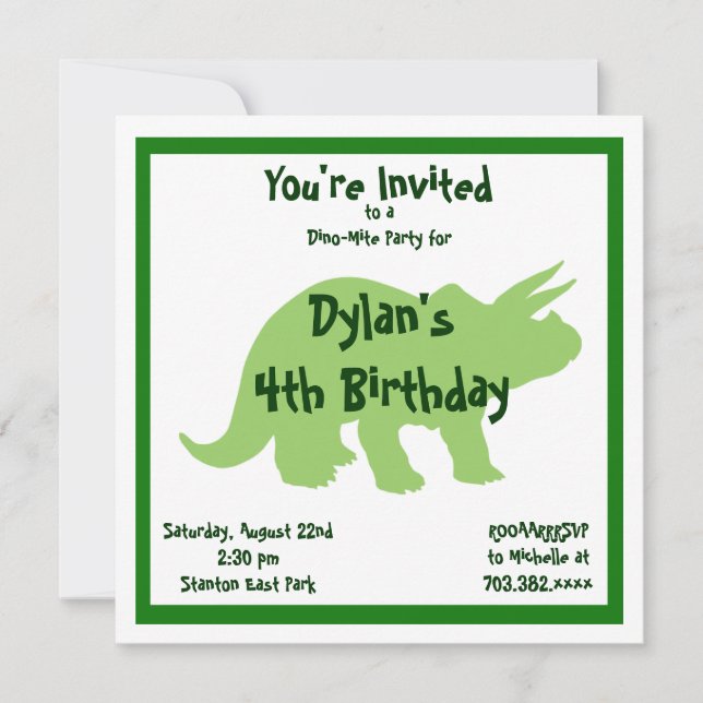 Green Triceratops Dinosaur Invitations d'anniversa (Devant)