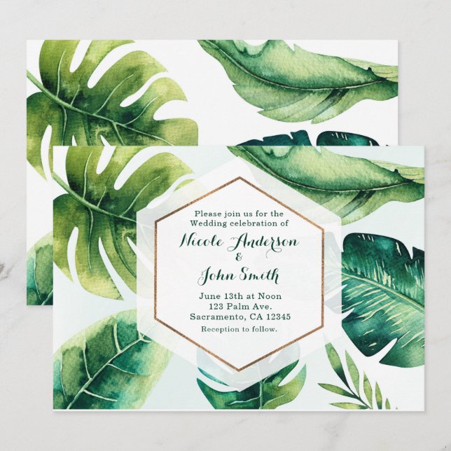 Green Tropical Feuilles White Wedding Invitations (Devant / Derrière)