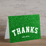 Green Turf Athlete Sports Thank You Card<br><div class="desc">This modern thank you card features a green turf background and modern typography. On the front of the card it says "thank you" with your name. It is a fun thank you card for kid's birthday parties. You can add additional text on the inside such as a personal greeting.</div>