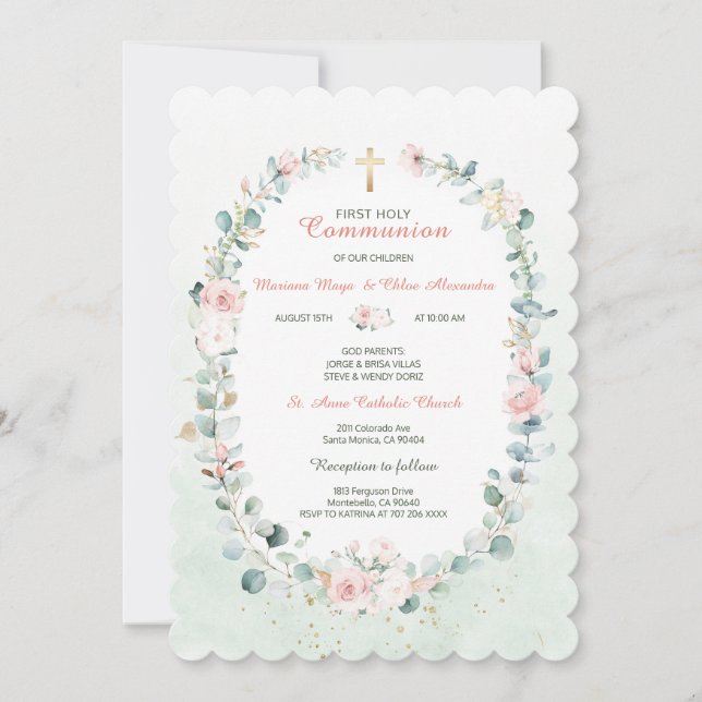 Green Twin Communion Girls Invitations (Devant)