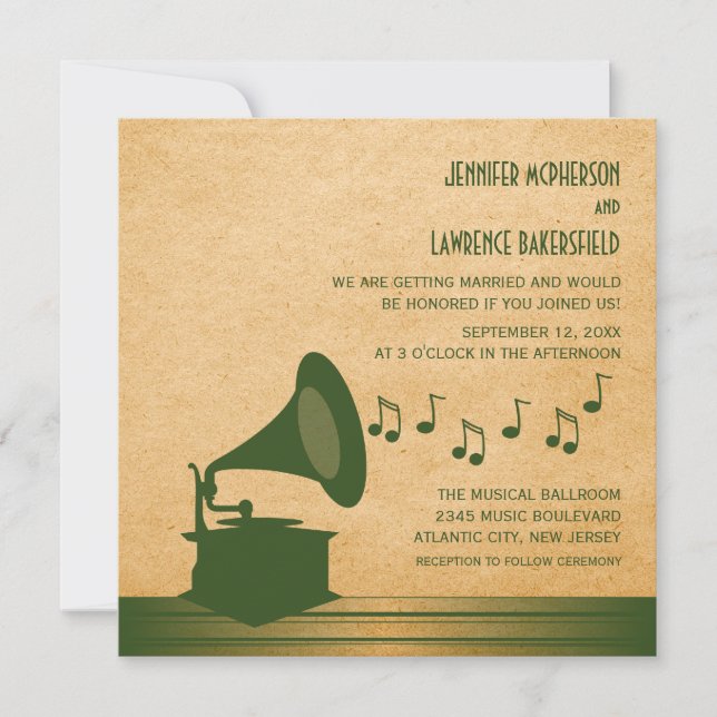 Green Vintage Gramophone Mariage Invitation (Devant)