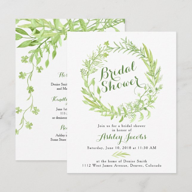 Green Watercolo Wreath Bridal Shower Invitation (Devant / Derrière)