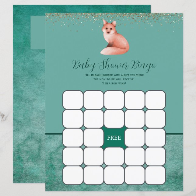 Green Watercolor Fox Baby shower Jeu de Bingo (Devant / Derrière)