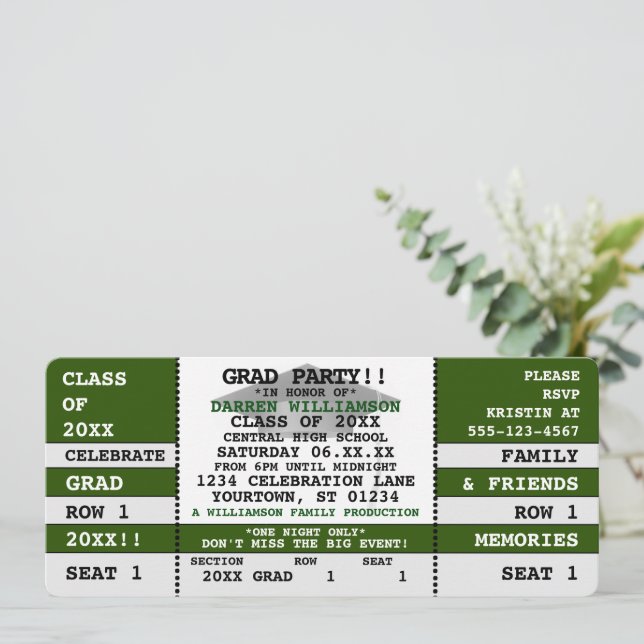 Green|White Concert Ticket Grad Party Invitation (Debout devant)