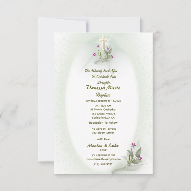Green&White floral Baptême invitation plat (Devant)