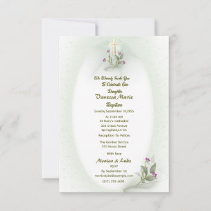 Green&White floral Baptême invitation plat
