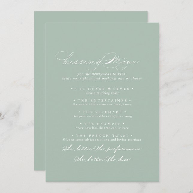 Green White Mariage Kissing Menu Carte de jeu (Devant / Derrière)
