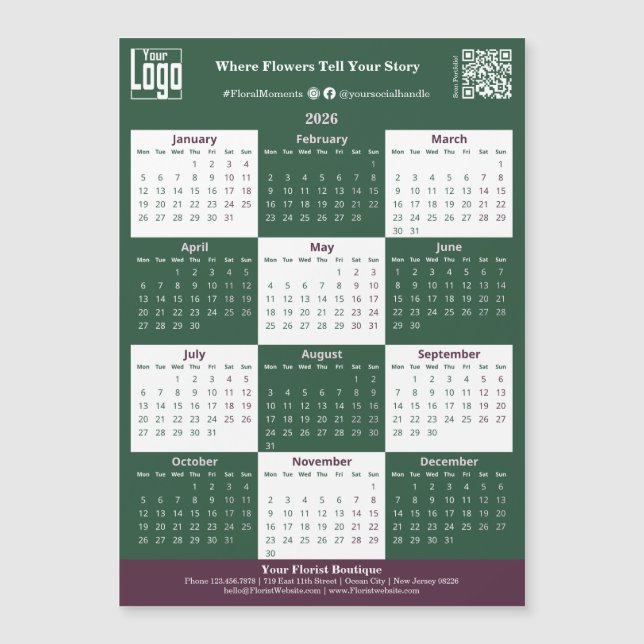 Green, White, Pink Your Logo 2026 Magnet Calendar (Devant)