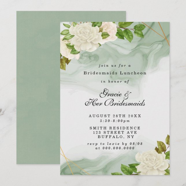 Green White Roses Bridesmaids Luncheon Invitations (Devant / Derrière)