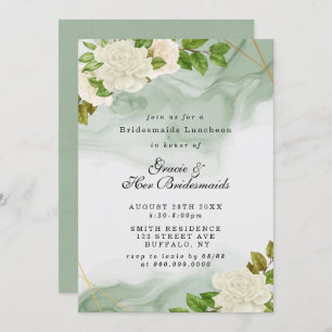 Green White Roses Bridesmaids Luncheon Invitations