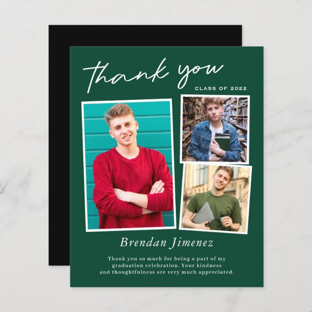 Green White Script 3 Photo Graduation Merci (Devant / Derrière)