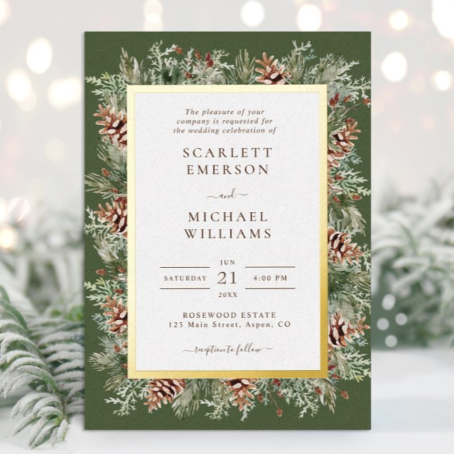 Green Winter Gold Foil Invitations de mariage (Hunter Green Watercolor Pinecone Evergreen Gold Foil Wedding Invitations by Painted Paperie
)