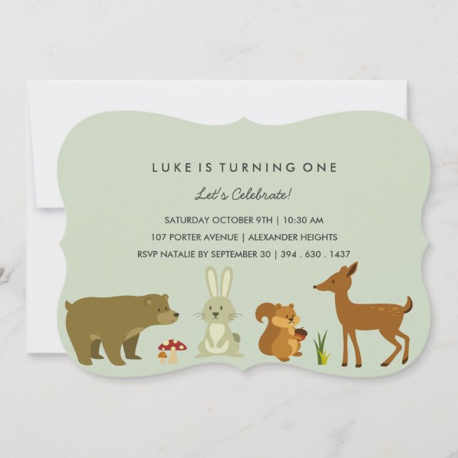 Green Woodland Friends Invitation d'anniversaire (Devant)