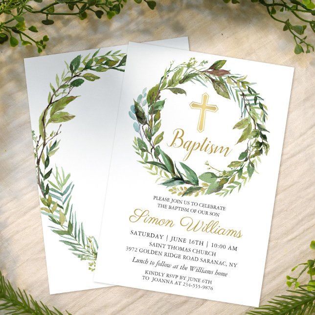 Green Wreath Gold Cross Boy Baptism Invitation (Créateur téléchargé)