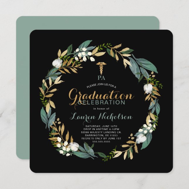 Green Wreath PA Graduation Party Invitation (Devant / Derrière)