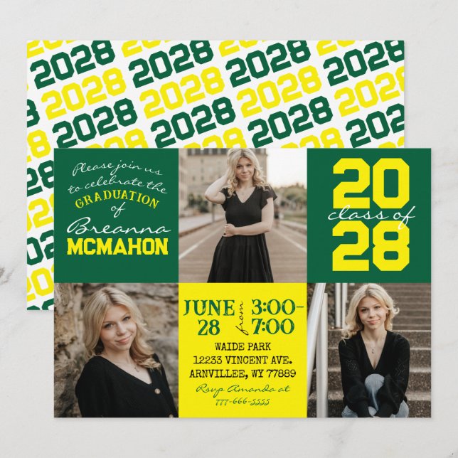Green & Yellow 3 Photo Graduation Invitation (Devant / Derrière)