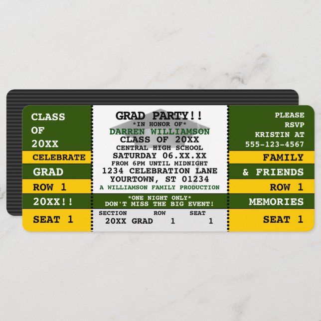 Green|Yellow Concert Ticket Grad Party Invitation (Devant / Derrière)