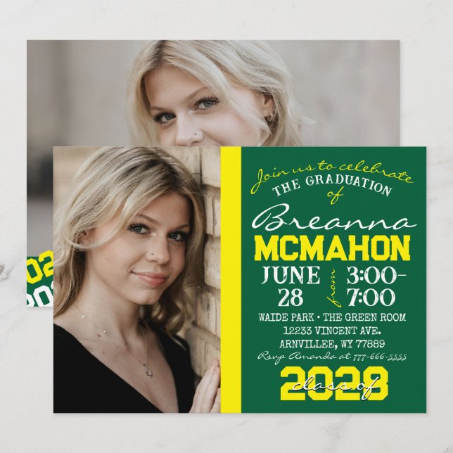 Green & Yellow Graduation 2 Invitation photo (Devant / Derrière)