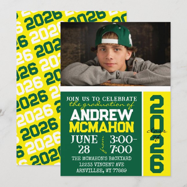 Green & Yellow Modern Graduation Photo Invitation (Devant / Derrière)