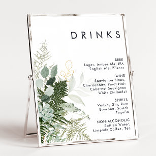 Greenery and Gold Leaf Wedding Drinks Menu Poster