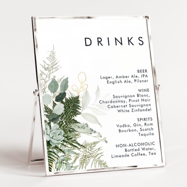 Greenery and Gold Leaf Wedding Drinks Menu Poster (Créateur téléchargé)