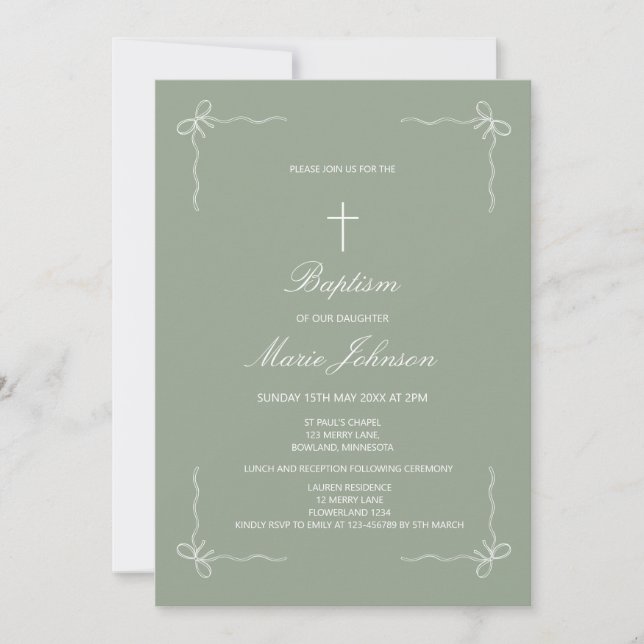 Greenery custom girl modern baptism invitation (Devant)