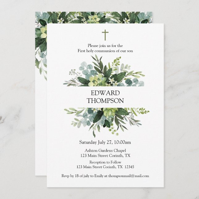 Greenery First Communion Invitation (Devant / Derrière)