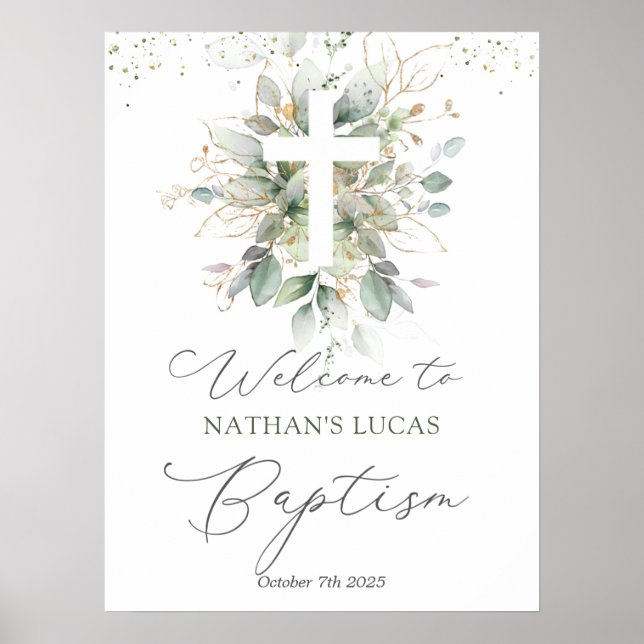 Greenery Foliage Cross Baby Baptism  Poster (Devant)