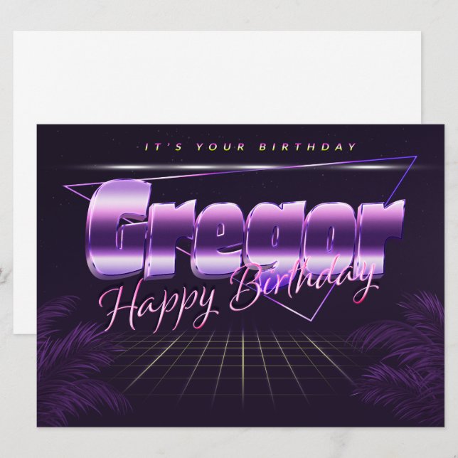 Gregor prénom carte rétro lilas anniversaire (Devant / Derrière)