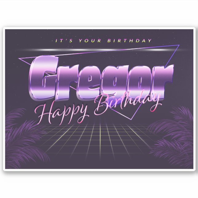 Gregor prénom sticker rétro lilas anniversaire (Devant)