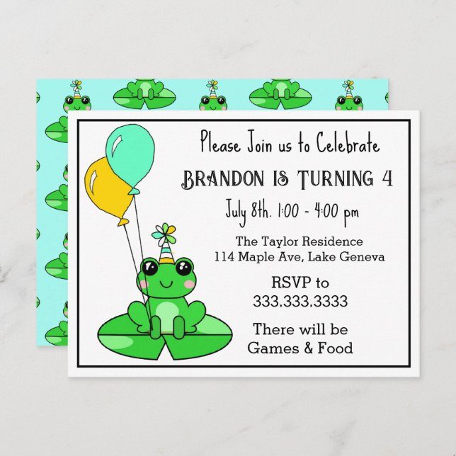 Grenouille à thème Invitations d'anniversaire (Devant / Derrière)